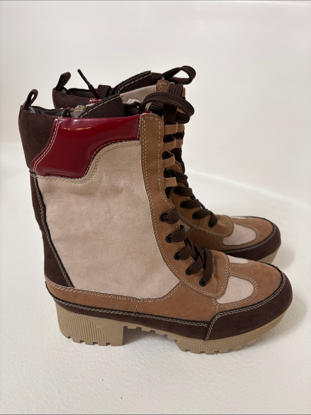 Women’s Brown Suede Lace-Up Combat Boots with Red Accent